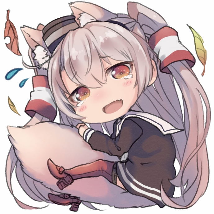 :d amatsukaze_(kantai_collection) animal_ear_fluff animal_ears bangs between_legs black_dress chibi commentary_request dress dyson_(edaokunnsaikouya) eyebrows_visible_through_hair fang flying_sweatdrops full_body hair_between_eyes hair_tubes hat head_tilt kantai_collection kemonomimi_mode leaf light_brown_hair long_hair long_sleeves looking_at_viewer looking_to_the_side mini_hat open_mouth red_legwear sailor_collar sailor_dress short_dress simple_background smile smokestack solo tail tail_between_legs tears thighhighs two_side_up very_long_hair white_background white_sailor_collar windsock wolf_ears wolf_girl wolf_tail