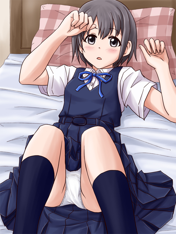 arms_up bed bed_sheet black_eyes black_hair blue_dress blue_neckwear commentary_request crotch_seam dress dress_shirt eyebrows_visible_through_hair idolmaster idolmaster_cinderella_girls indoors kneehighs lielos looking_at_viewer lying medium_dress navy_blue_legwear neck_ribbon on_back on_bed open_mouth otokura_yuuki panties pantyshot pantyshot_(lying) pinafore_dress pink_pillow plaid_pillow pleated_dress ribbon shirt short_hair short_sleeves solo underwear uniform white_panties white_shirt