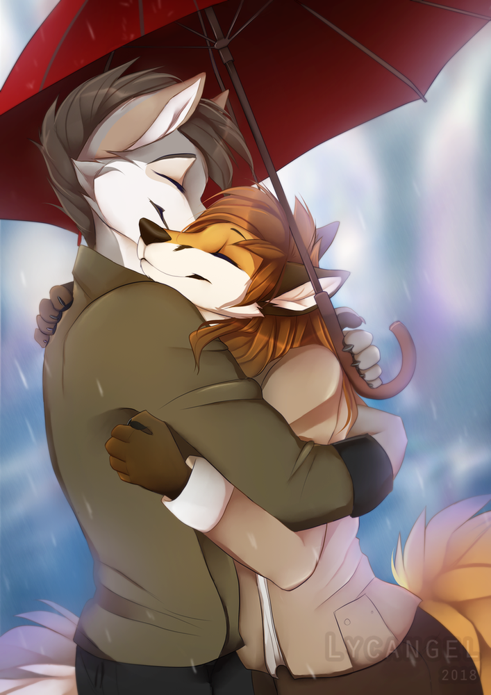 2018 5_fingers anthro black_hair brown_hair brown_nose canine clothed clothing detailed_background digital_media_(artwork) duo female fox hair hug lycangel male mammal smile wolf