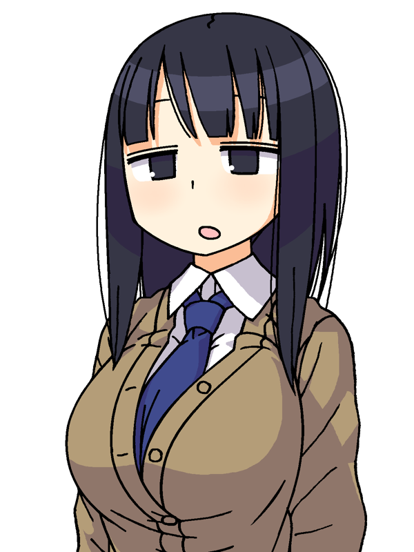 :o bangs black_eyes black_hair blue_neckwear breasts brown_cardigan buttons cardigan collared_shirt commentary_request large_breasts long_hair maruput necktie open_mouth original school_uniform shirt simple_background solo straight_hair upper_body white_background white_shirt