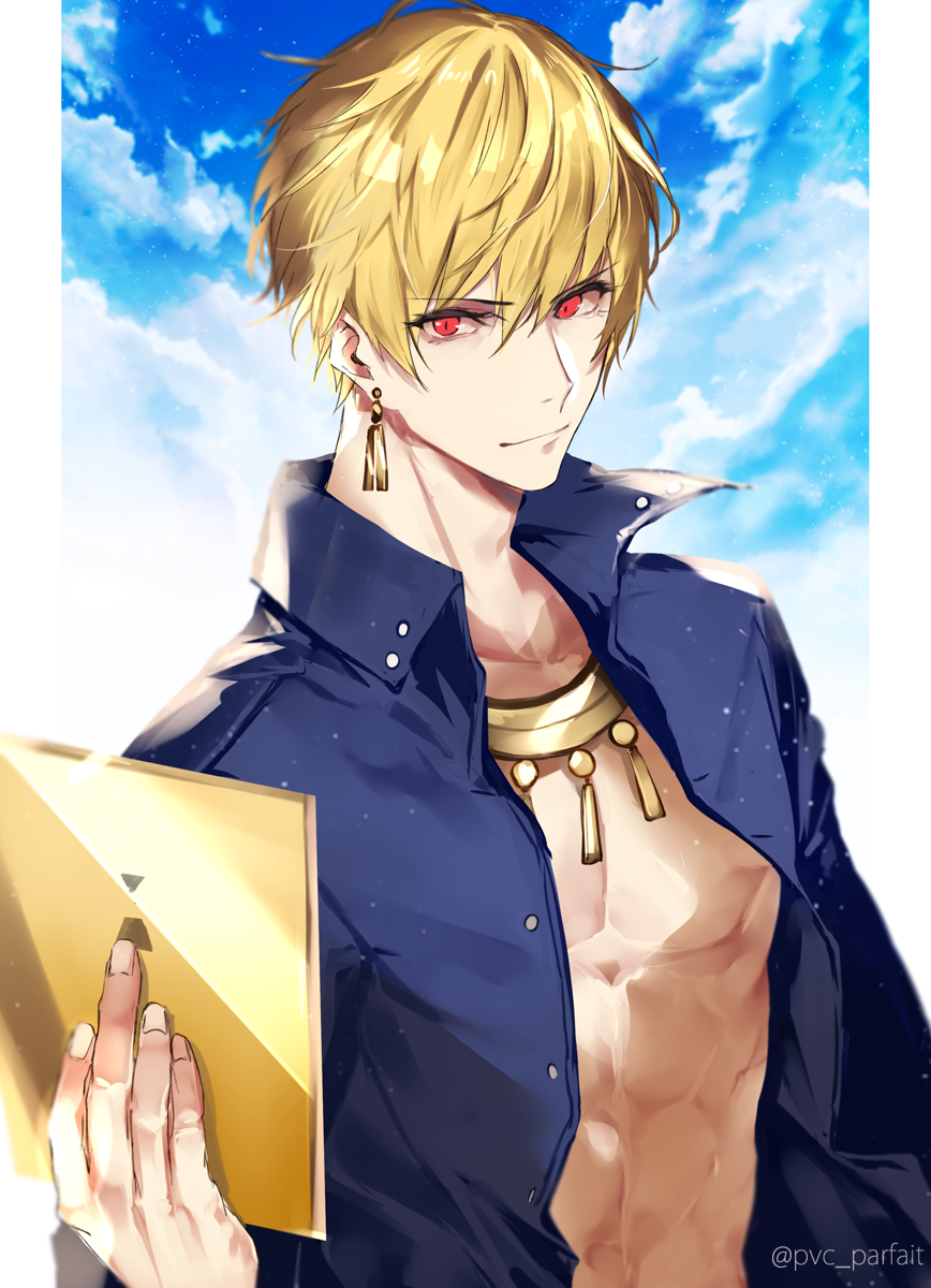 bare_chest blonde_hair blue_shirt closed_mouth cloud day earrings establishment_(fate/grand_order) fate/grand_order fate_(series) gilgamesh gilgamesh_(caster)_(fate) highres holding jewelry looking_at_viewer male_focus necklace open_clothes open_shirt popped_collar pvc_parfait red_eyes shirt sky solo twitter_username