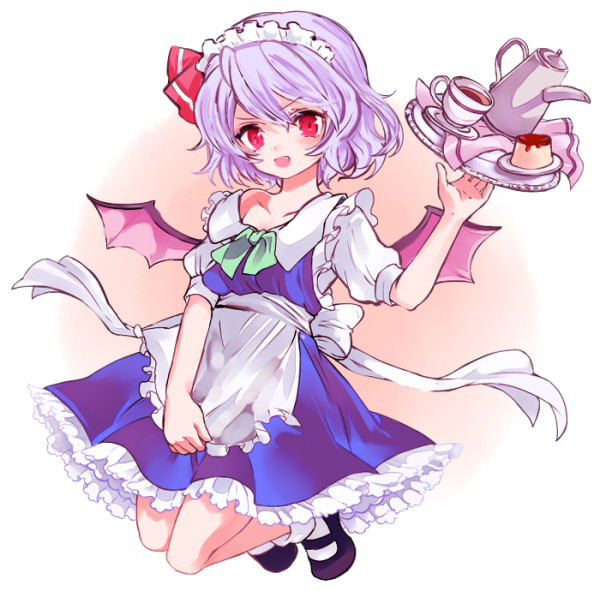 alternate_costume apron bangs bat_wings black_footwear blush bow cosplay cup enmaided eyebrows_visible_through_hair food full_body hair_bow izayoi_sakuya izayoi_sakuya_(cosplay) looking_at_viewer maid maid_headdress mary_janes multicolored multicolored_background off_shoulder open_mouth pudding purple_hair red_bow red_eyes remilia_scarlet sauce shoes short_hair short_sleeves socks solo teacup teapot tori_(10ri) touhou tray two-tone_background waist_apron white_legwear wings