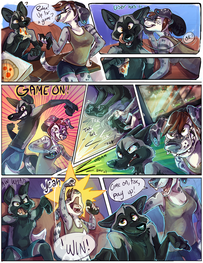 2014 ? anthro black_body black_fur breasts canine clothed clothing comic controller dalmatian dialogue digital_media_(artwork) dog duo eating english_text female food fox fully_clothed fur game_controller gaming grey_body grey_fur labrador male mammal maxi-rover maxi_(maxi-rover) multicolored_body multicolored_fur pizza playing_videogame ralen_(ralenfox) shirt shorts silver_fox sound_effects spots spotted_body spotted_fur tank_top text topless two_tone_body two_tone_fur
