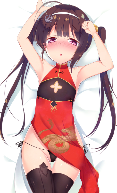 anchor_hair_ornament armpits arms_up azur_lane bad_id bad_pixiv_id bangs bare_arms bare_hips bare_shoulders bed_sheet black_legwear black_panties blush brown_hair cleavage_cutout commentary_request dress eyebrows_visible_through_hair flat_chest flower_knot gold_trim groin hair_between_eyes hair_ornament hairband hairpods half-closed_eyes long_hair looking_at_viewer lowleg lowleg_panties lying nose_blush on_back panties parted_lips pelvic_curtain ping_hai_(azur_lane) ponpon_(tosico) red_dress red_eyes side-tie_panties sleeveless sleeveless_dress solo thigh_gap thighhighs twintails underwear very_long_hair white_hairband wide_hips