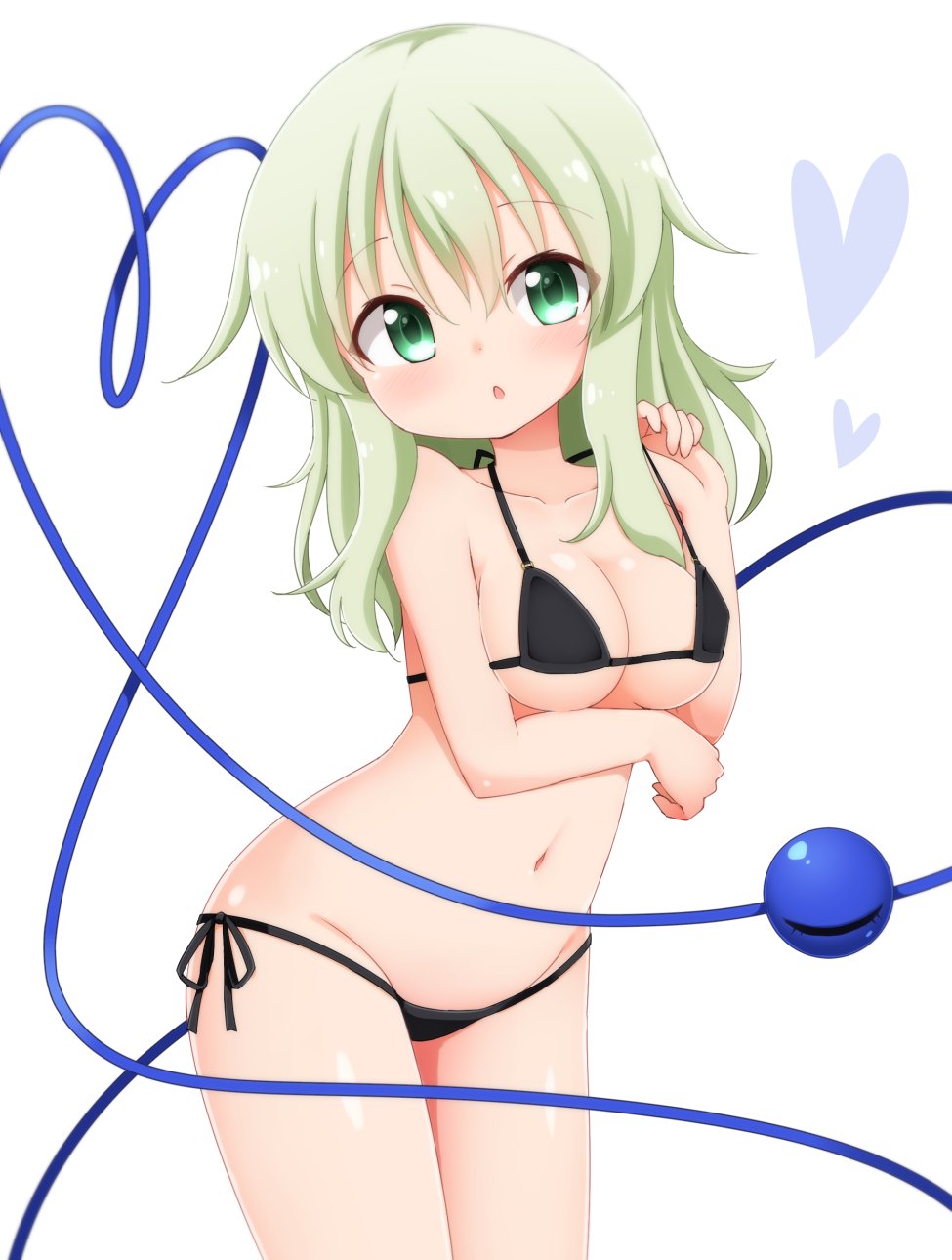 arm_under_breasts bangs bare_arms bare_shoulders bikini black_bikini blush breasts commentary_request cowboy_shot eyebrows_visible_through_hair green_eyes green_hair groin hair_between_eyes halterneck hand_up head_tilt heart heart_of_string highres komeiji_koishi leaning_forward long_hair looking_at_viewer medium_breasts navel no_hat no_headwear parted_lips shiny shiny_skin side-tie_bikini sidelocks simple_background solo standing stomach strap_pull suwa_yasai swimsuit thighs third_eye touhou white_background