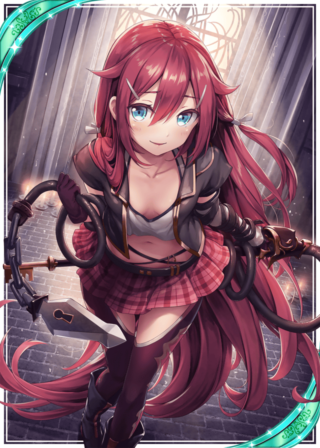 akkijin blue_eyes boots breasts card_(medium) chain cleavage frilled_skirt frills holding holding_weapon indoors key lock long_hair looking_at_viewer miniskirt official_art red_hair shinkai_no_valkyrie skirt small_breasts sunlight thighhighs very_long_hair weapon whip window