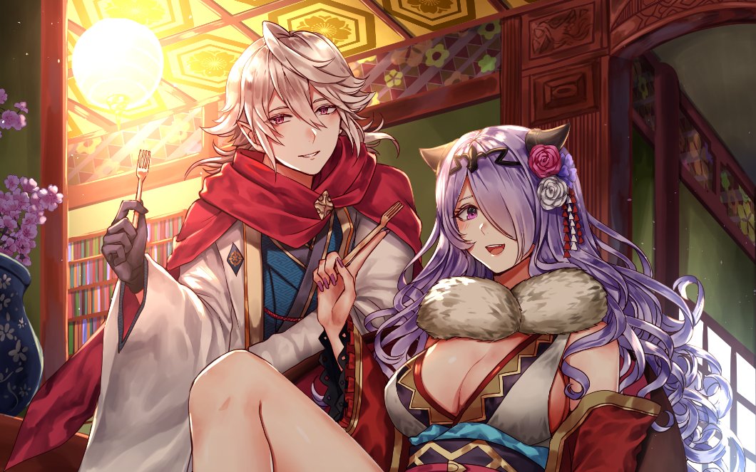 1girl black_gloves blonde_hair breasts camilla_(fire_emblem_if) cleavage commentary fire_emblem fire_emblem_heroes fire_emblem_if flower fork gloves hair_flower hair_ornament hair_over_one_eye japanese_clothes kimono large_breasts long_hair looking_at_viewer my_unit_(fire_emblem_if) open_mouth pointy_ears purple_hair sidelocks smile tiara very_long_hair wani_(fadgrith) wavy_hair wide_sleeves