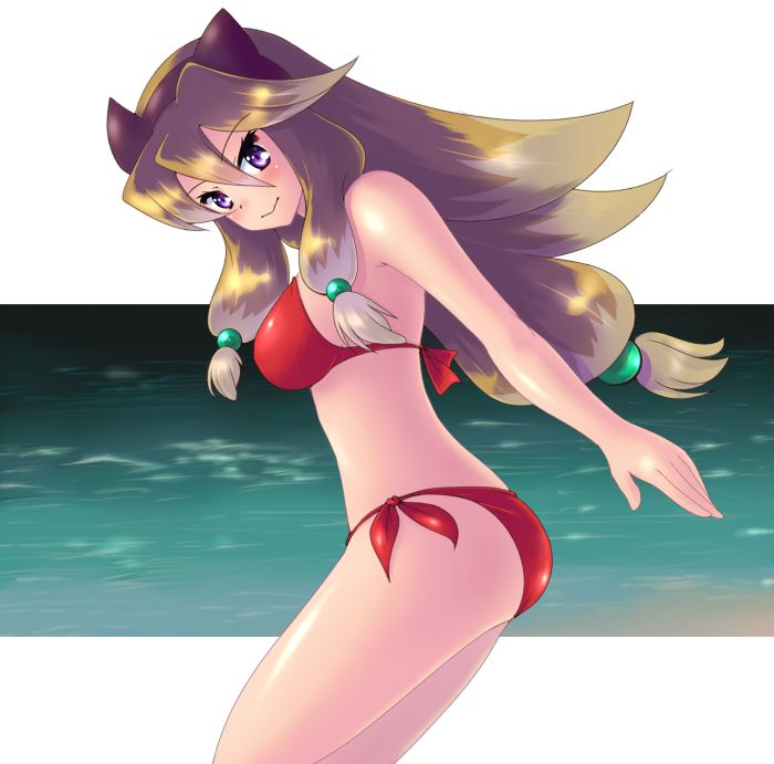 1girl :&gt; animal_ears aq_interactive arcana_heart arcana_heart_2 bangs bikini blush breasts brown_hair dog_ears hair_bobbles hair_ornament inuwaka_akane kasabou long_hair looking_at_viewer multicolored_hair purple_eyes red_bikini side-tie_bikini smile swimsuit two-tone_hair