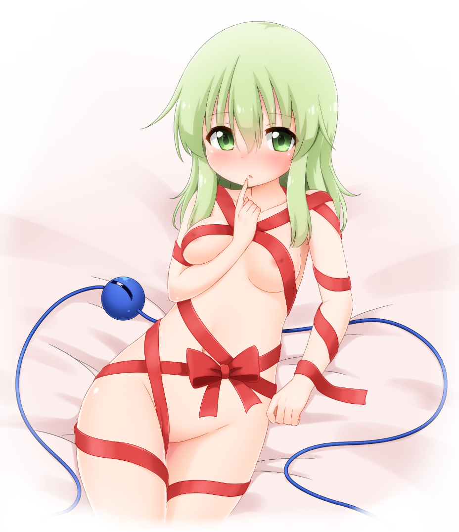 areolae arm_support bangs bed_sheet blush breasts collarbone commentary_request covered_nipples cowboy_shot eyebrows_visible_through_hair finger_to_mouth gradient gradient_background green_eyes green_hair groin hair_between_eyes index_finger_raised komeiji_koishi long_hair looking_at_viewer lying medium_breasts naked_ribbon navel no_hat no_headwear on_back parted_lips red_ribbon ribbon shiny shiny_skin sidelocks solo stomach suwa_yasai thighs third_eye touhou white_background