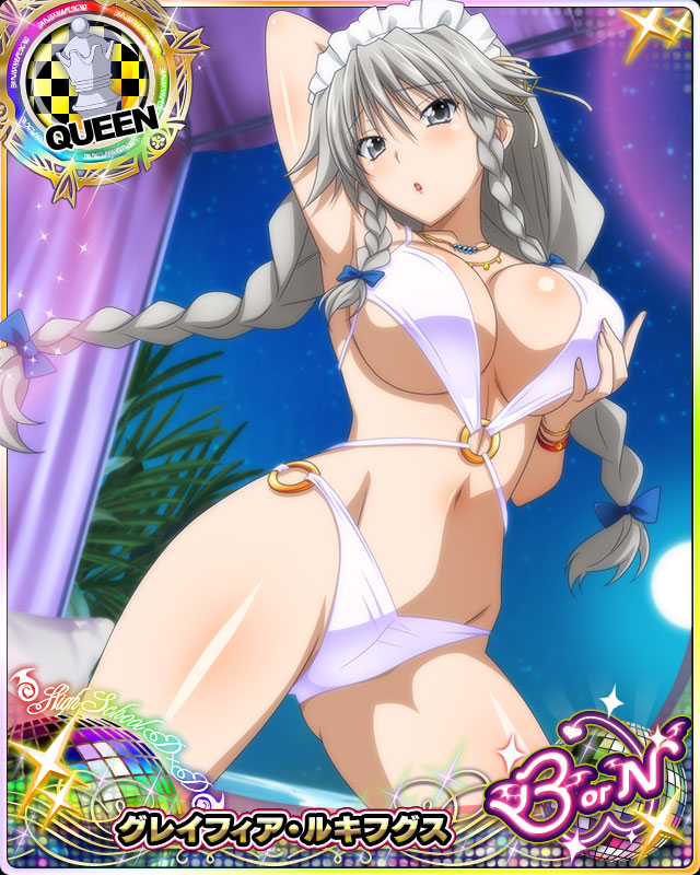 arm_behind_head armpits bracelet braid breasts card_(medium) character_name chess_piece grayfia_lucifuge grey_eyes grey_hair hand_on_own_chest high_school_dxd high_school_dxd_born jewelry large_breasts lipstick long_hair maid_headdress makeup moon navel night night_sky official_art parted_lips queen_(chess) red_lipstick sitting sky solo swimsuit trading_card twin_braids white_swimsuit