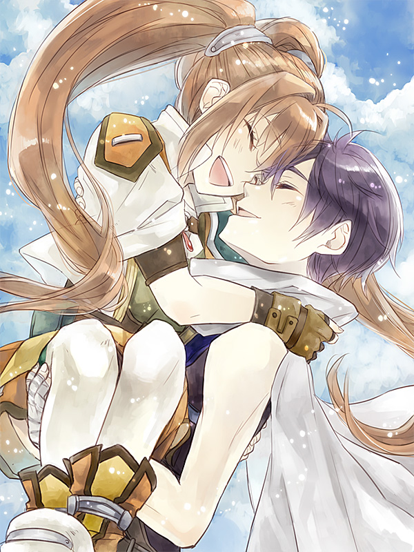 1girl ahoge bandaged_hands bandages black_hair boots brown_hair carrying closed_eyes cloud cloudy_sky couple day dutch_angle eiyuu_densetsu estelle_bright face-to-face fingerless_gloves forehead-to-forehead gloves hetero hug jacket joshua_astray leather leather_gloves long_hair miniskirt open_mouth princess_carry scarf shirt short_hair short_sleeves skirt sky sleeveless smile sora_no_kiseki twintails white_legwear yahane_(5prco)