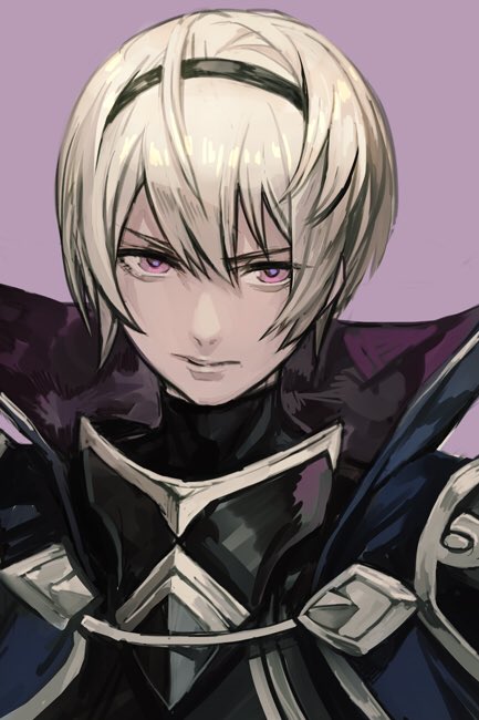 bangs black_hairband blonde_hair bob_cut fire_emblem fire_emblem_if hairband half-closed_eyes hankuri high_collar lavender_background lavender_eyes leon_(fire_emblem_if) lips looking_at_viewer male_focus portrait serious simple_background solo turtleneck upper_body v-shaped_eyebrows