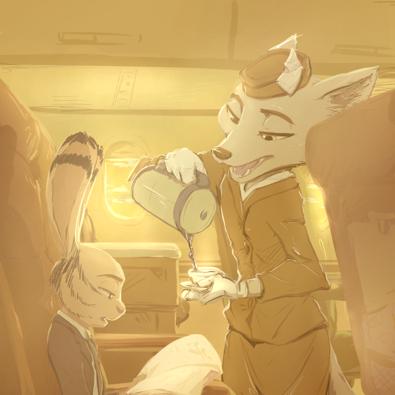 2018 aircraft airplane anthro arctic_fox beverage canine clothed clothing cup disney duo ear_markings facial_markings female fox fur_markings hat holding_object inside ittybittykittytittys jack_savage lagomorph male mammal markings necktie newspaper rabbit restricted_palette sitting skye_(zootopia) standing suit tea tea_cup uniform zootopia