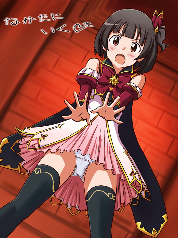 ass_visible_through_thighs black_hair black_legwear blush bow bowtie brown_eyes character_name commentary_request crotch_seam detached_sleeves dress dutch_angle frown hair_ornament idolmaster idolmaster_million_live! idolmaster_million_live!_theater_days lielos looking_at_viewer magical_girl nakatani_iku open_mouth panties pantyshot pantyshot_(standing) pink_dress print_legwear reaching_out red_neckwear short_dress short_hair signature sleeveless sleeveless_dress solo standing thighhighs underwear v-shaped_eyebrows white_dress white_panties