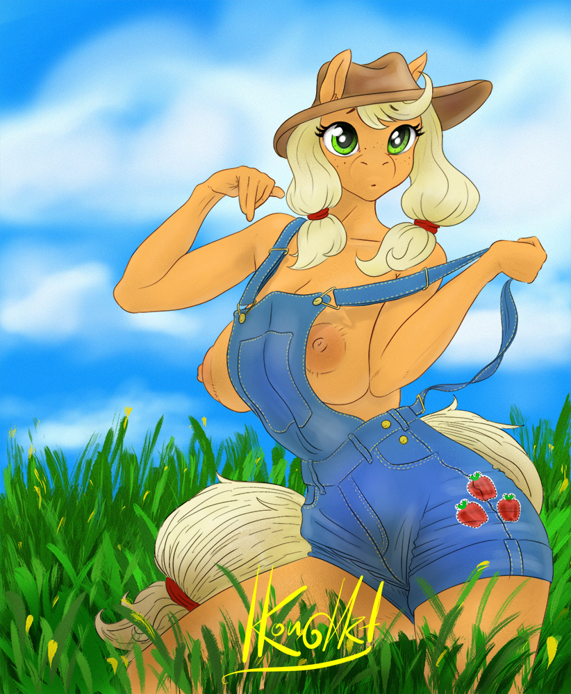 2018 5_fingers :o anthro applejack_(mlp) areola big_breasts blonde_hair breasts clothed clothing cloud cowboy_hat cutie_mark denim earth_pony equine erect_nipples exposed_breasts eyelashes female field freckles friendship_is_magic grass green_eyes hair hair_tie hat horse kl0udart kneeling mammal my_little_pony nipples outside overalls partially_clothed pony portrait signature sky solo undressing