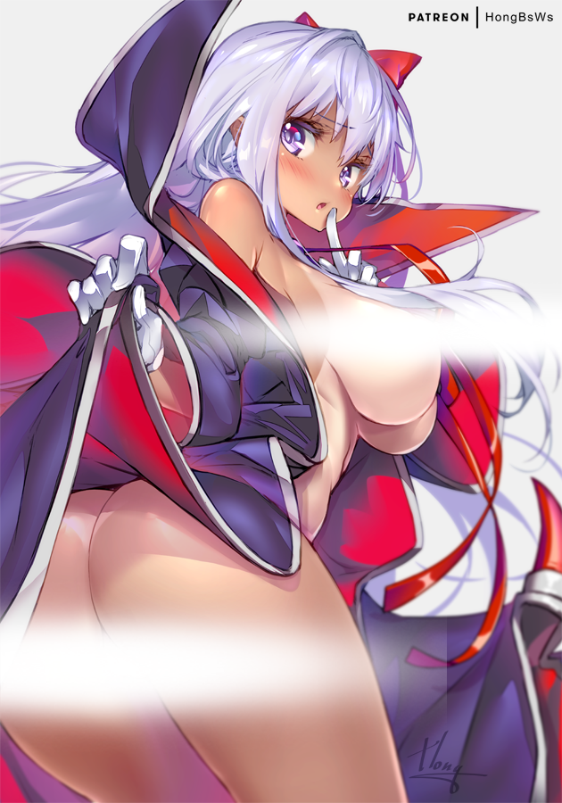 armpits ass bangs bb_(fate)_(all) bb_(swimsuit_mooncancer)_(fate) black_cloak blue_eyes blurry blush bow breasts breasts_outside censored cloak colored_eyelashes commentary covered_nipples cowboy_shot depth_of_field embarrassed eyebrows_visible_through_hair fate/grand_order fate_(series) finger_to_mouth from_side gloves grey_background hair_between_eyes hair_bow high_collar hong_(white_spider) index_finger_raised large_breasts leaning_forward lifted_by_self long_hair long_sleeves looking_at_viewer looking_back looking_to_the_side multicolored multicolored_cloak multicolored_clothes naked_cloak neck_ribbon off_shoulder one-piece_tan open_cloak open_clothes parted_lips patreon_username perky_breasts raised_eyebrows red_bow red_cloak red_ribbon ribbon sidelocks signature silver_hair simple_background solo standing straight_hair tan tanline thighs very_long_hair white_gloves wide_sleeves