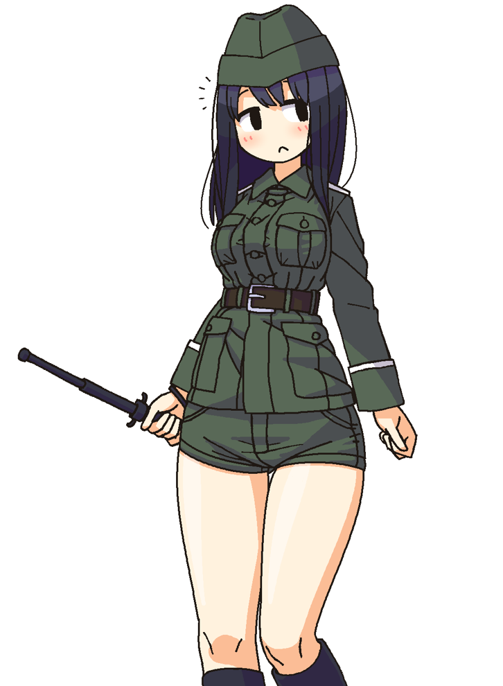 bangs baton belt belt_buckle black_eyes black_hair blush breast_pocket brown_belt buckle buttons closed_mouth commentary_request expandable_baton frown green_hat green_shorts hat holding holding_weapon long_sleeves maruput military military_uniform no_nose original pocket short_shorts shorts simple_background solo straight_hair thigh_gap thighs uniform weapon white_background