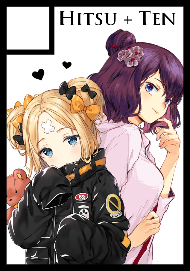 abigail_williams_(fate/grand_order) bangs black_bow black_jacket blonde_hair blue_eyes blush bow circle_cut closed_mouth commentary_request crossed_bandaids double_bun eyebrows_visible_through_hair fate/grand_order fate_(series) hair_bow hair_bun hands_up head_tilt heart heroic_spirit_traveling_outfit hitsukuya hood hood_down hoodie jacket katsushika_hokusai_(fate/grand_order) long_hair long_sleeves looking_at_viewer multiple_girls object_hug orange_bow parted_bangs purple_eyes purple_hair side_bun sleeves_past_fingers sleeves_past_wrists stuffed_animal stuffed_toy teddy_bear white_hoodie