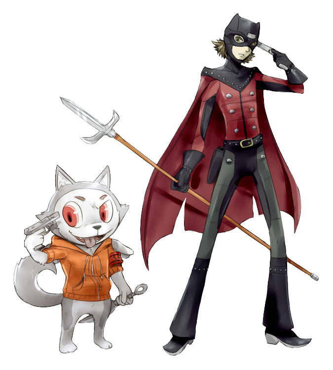anthro anthrofied black_nose bottomless canine chibi clothed clothing costume cylent-nite dog evoker gloves human ken_amada koromaru male mammal mask megami_tensei melee_weapon persona polearm red_eyes spear tongue tongue_out weapon