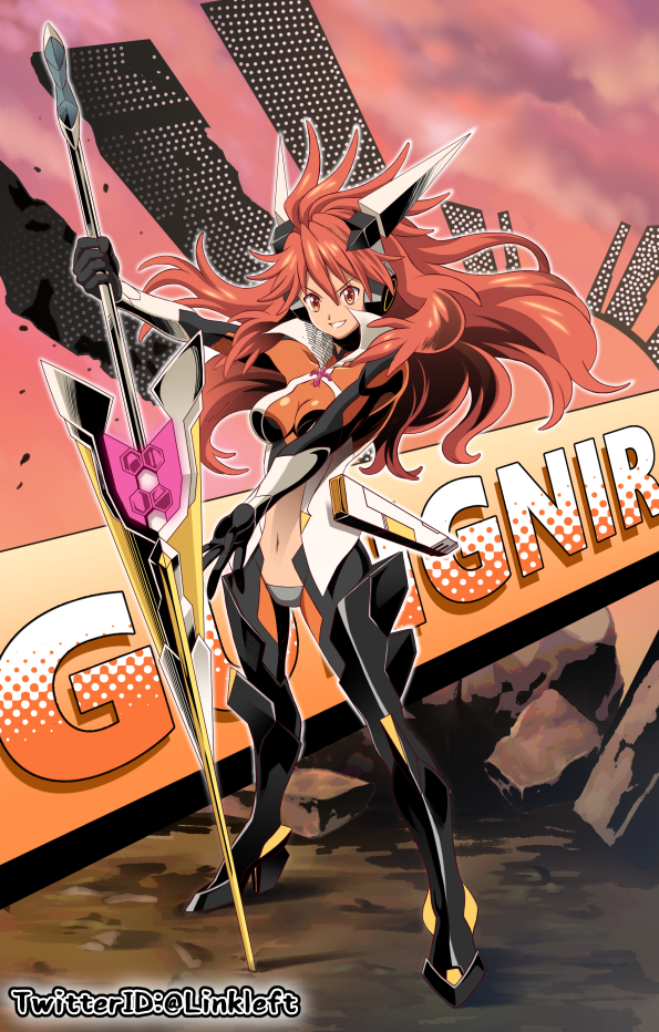 amou_kanade bodysuit breasts cleavage commentary_request grin hair_between_eyes headphones large_breasts link_(aa30) long_hair navel red_eyes red_hair senki_zesshou_symphogear senki_zesshou_symphogear_xd_unlimited smile solo twitter_username weapon