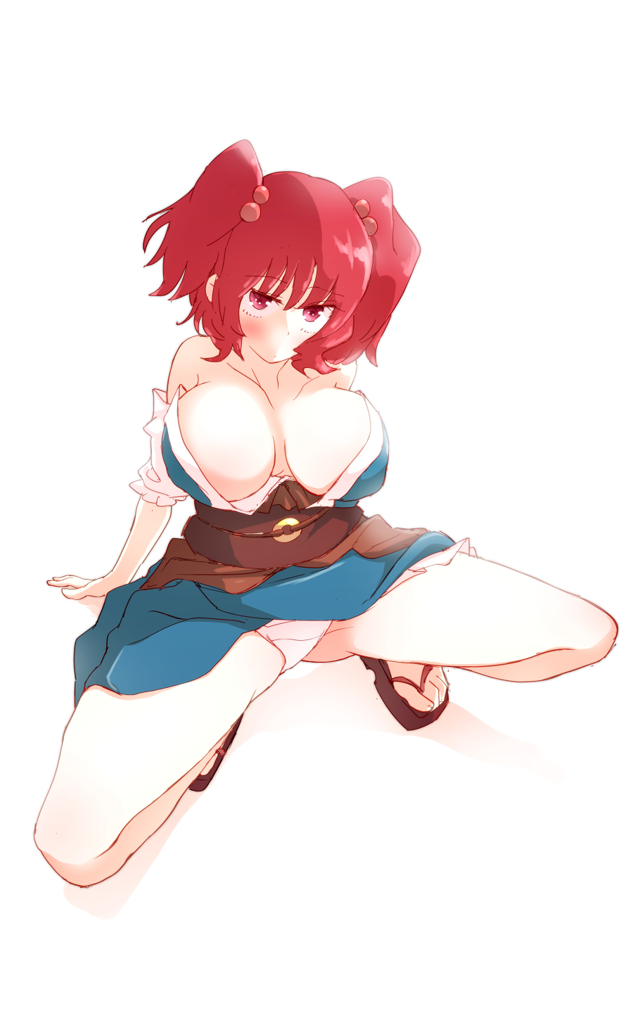 arm_support blue_dress breasts cleavage clog_sandals detached_sleeves dress eyebrows_visible_through_hair hair_bobbles hair_ornament highres japanese_clothes large_breasts looking_at_viewer non_(z-art) off_shoulder onozuka_komachi panties pantyshot puffy_short_sleeves puffy_sleeves red_eyes red_hair sash short_sleeves simple_background squatting touhou underwear white_background white_panties