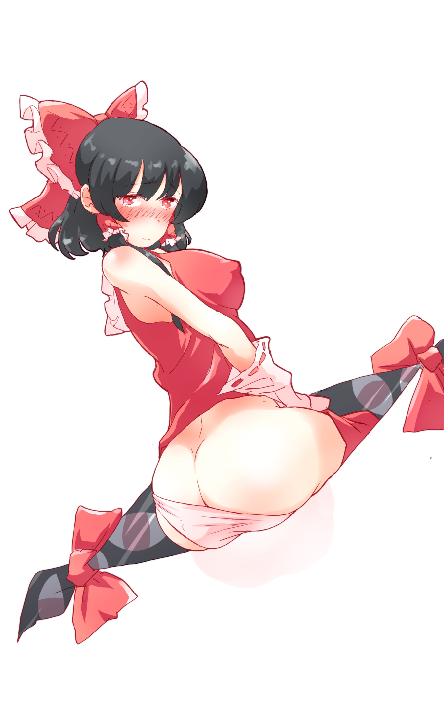 ass black_hair blush bow breasts butt_crack commentary_request covered_nipples detached_sleeves dress_pull embarrassed eyebrows_visible_through_hair gap hair_ribbon hair_tubes hakurei_reimu highres large_breasts non_(z-art) panties panty_pull red_eyes ribbon simple_background sitting tearing_up touhou underwear white_background