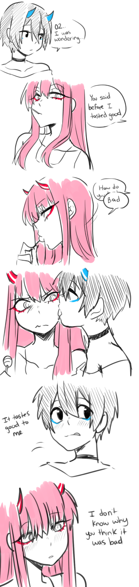 1boy 1girl black_hair blush candy colored comic couple darling_in_the_franxx face_licking food hiro_(darling_in_the_franxx) holding_lollipop horns licking lipstick lollipop long_hair makeup oni_horns pink_hair pride-kun red_horns short_hair speech_bubble zero_two_(darling_in_the_franxx)