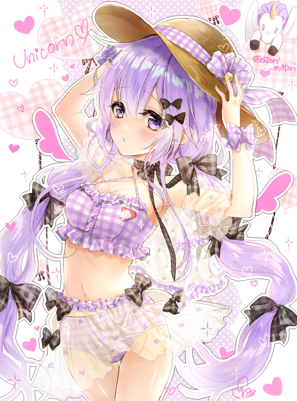 arms_up azur_lane bangs bare_shoulders bikini black_bow blush bow breasts character_name closed_mouth collarbone commentary_request criss-cross_halter eyebrows_visible_through_hair fingernails hair_between_eyes hair_bow halterneck hands_on_headwear hat hat_bow heart highres long_hair matori_(user_xrdk3278) navel plaid plaid_bikini plaid_bow pleated_skirt polka_dot purple_eyes purple_hair see-through skirt small_breasts solo stuffed_alicorn stuffed_animal stuffed_toy swimsuit twitter_username unicorn_(azur_lane) very_long_hair white_bow