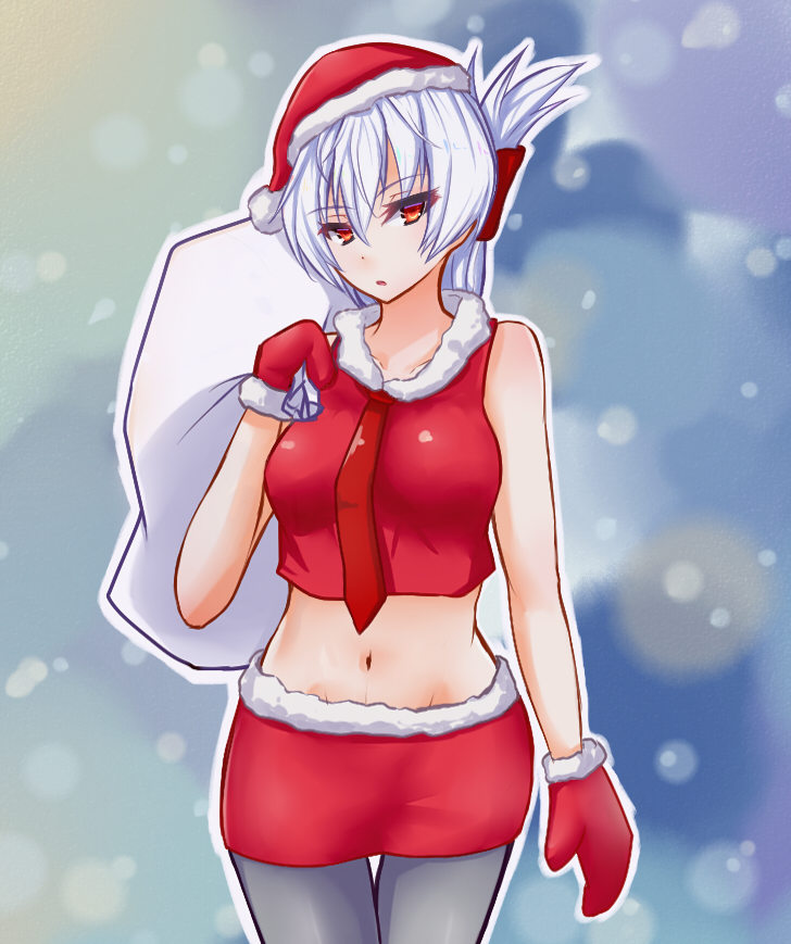 1girl aq_interactive arcana_heart arcana_heart_2 artist_request bag christmas christmas_dress crop_top examu folded_ponytail hat looking_at_viewer midriff navel pantyhose parted_lips red_eyes sack santa_hat short_hair shorts silver_hair snow zenia_valov