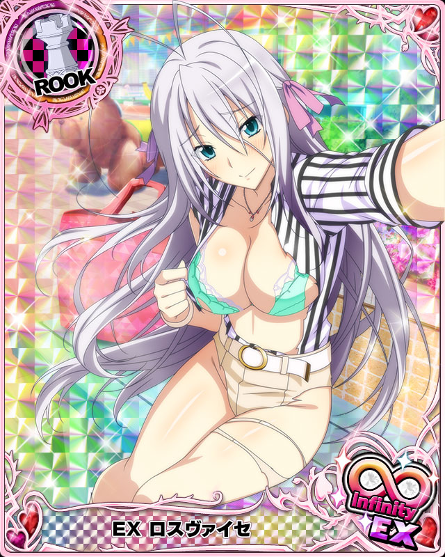 antenna_hair aqua_bra aqua_eyes blush bra bracelet breasts card_(medium) character_name chess_piece closed_mouth embarrassed hair_ribbon high_school_dxd high_school_dxd_infinity jewelry large_breasts long_hair official_art pants pendant reaching_out ribbon rook_(chess) rossweisse self_shot shirt silver_hair solo striped striped_shirt torn_clothes trading_card underwear very_long_hair