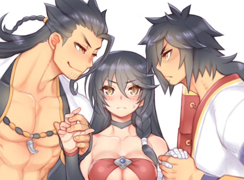 2boys bandages bangs bare_chest black_hair black_neckwear braid breasts brothers choker cleavage closed_mouth collarbone fang folks_(nabokof) frown hair_strand holding_hands japanese_clothes kimono long_hair looking_at_another looking_at_viewer medium_breasts messy_hair multiple_boys rokurou_rangetsu scar shigure_rangetsu siblings side_braid simple_background smile swept_bangs tales_of_(series) tales_of_berseria upper_body velvet_crowe white_background yellow_eyes