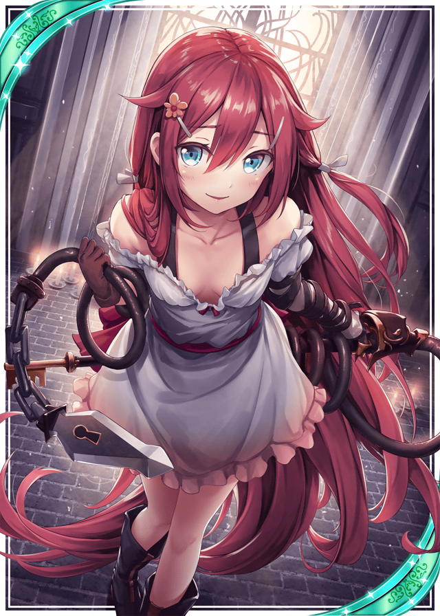 akkijin bare_shoulders blue_eyes boots breasts card_(medium) chain dress hair_ornament holding holding_weapon indoors key lock long_hair looking_at_viewer official_art red_hair shinkai_no_valkyrie short_dress small_breasts sunlight very_long_hair weapon whip white_dress window