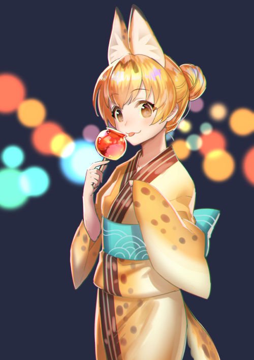 :3 :p adapted_costume alternate_hairstyle animal_ears blonde_hair brown_hair candy_apple check_commentary commentary_request extra_ears eyebrows_visible_through_hair food hair_bun hair_up japanese_clothes kemono_friends kimono looking_at_viewer mucchiri_shiitake print_kimono serval_(kemono_friends) serval_ears serval_print smile solo tongue tongue_out wide_sleeves yukata