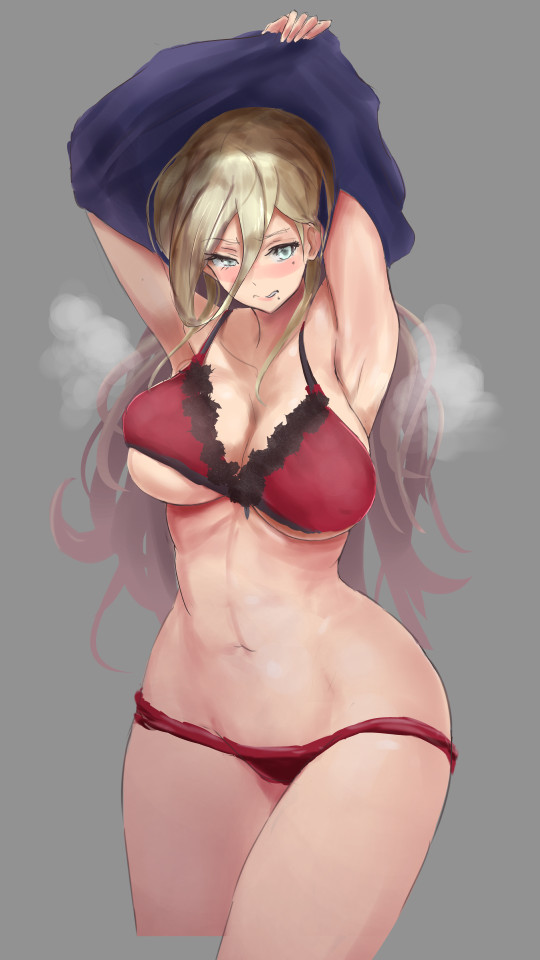 abs armpits bangs blonde_hair blue_eyes bra breasts collarbone commentary_request cropped_legs curvy eyebrows_visible_through_hair grey_background hair_between_eyes haruto_(harut_n) kantai_collection large_breasts lingerie long_hair looking_at_viewer mole mole_under_eye mole_under_mouth navel panties red_bra red_panties richelieu_(kantai_collection) sidelocks skindentation solo steam stomach thick_thighs thighs toned underwear undressing