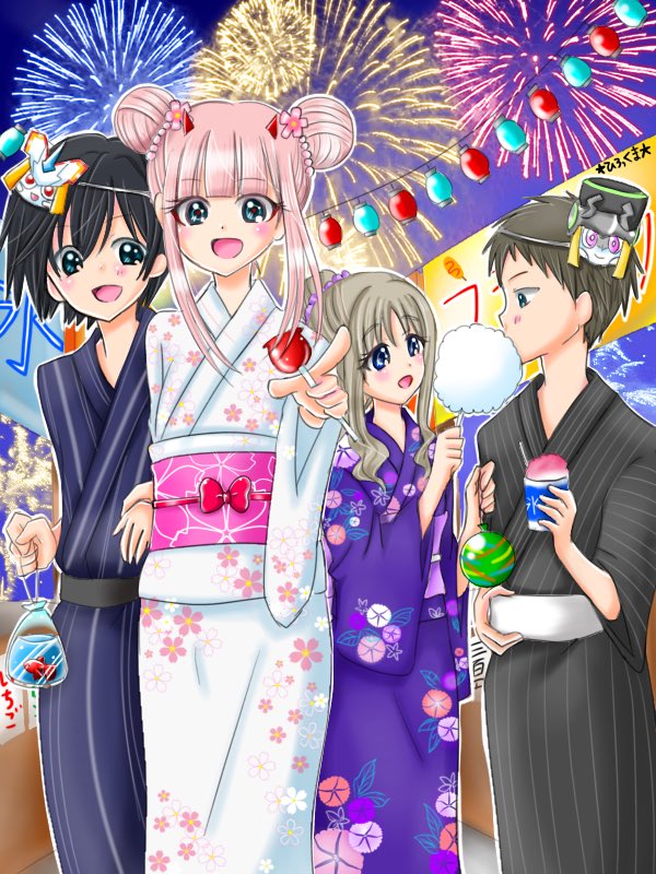 2boys 2girls aerial_fireworks alternate_costume bag bagged_fish bangs black_hair blue_eyes blush brown_hair candy_apple cotton_candy couple darling_in_the_franxx double_bun eyebrows_visible_through_hair festival fireworks fish flower_clothes food genista_(darling_in_the_franxx) green_eyes grey_kimono hair_ornament hand_holding hand_on_another's_arm hetero high_ponytail hiro_(darling_in_the_franxx) holding holding_food horns japanese_clothes kimono kokoro_(darling_in_the_franxx) lantern lantern_festival light_brown_hair long_hair long_sleeves looking_at_another mask mask_on_head mitsuru_(darling_in_the_franxx) multiple_boys multiple_girls obi oni_horns paper_lantern pink_hair pointing pointing_forward ponytail purple_kimono red_horns sash sharing_food short_hair strelizia striped striped_kimono water_yoyo white_kimono wide_sleeves yukata zero_two_(darling_in_the_franxx)
