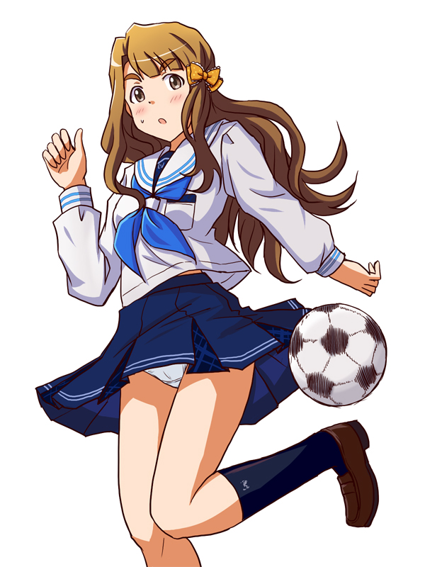 :o ball blouse blue_neckwear blue_skirt blush bow brown_eyes brown_hair closed_mouth commentary_request crotch_seam double_horizontal_stripe eyebrows eyebrows_visible_through_hair hair_bow idolmaster idolmaster_million_live! idolmaster_million_live!_theater_days leg_up lielos long_hair long_sleeves looking_at_viewer miniskirt miyao_miya motion_blur neckerchief orange_background panties pantyshot pantyshot_(standing) pleated_skirt school_uniform serafuku simple_background skirt soccer_ball solo standing standing_on_one_leg sweatdrop underwear white_background white_blouse white_panties