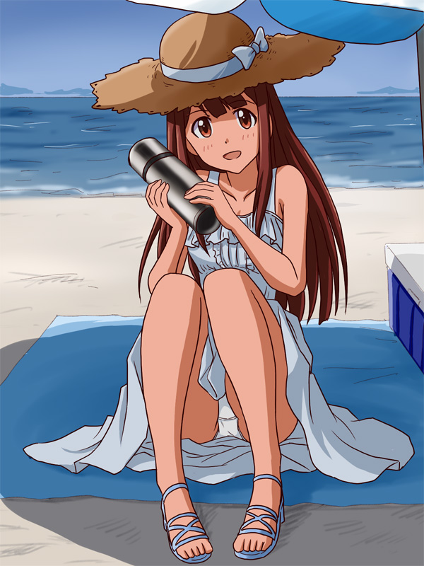 beach beach_umbrella blue_bow blue_sky bow brown_eyes brown_hair commentary_request cooler crotch_seam day dress full_body hat hat_bow holding idolmaster idolmaster_million_live! lielos long_hair looking_at_viewer ocean open_mouth outdoors panties pantyshot pantyshot_(sitting) sandals shade sitting sky sleeveless sleeveless_dress smile solo straw_hat sun_hat sundress tanaka_kotoha thermos towel umbrella underwear white_dress white_panties