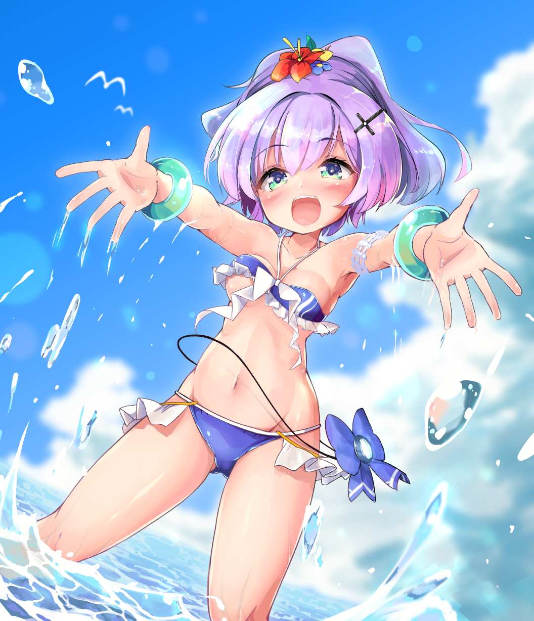 :d ass_visible_through_thighs azur_lane bangs bare_shoulders bikini blue_bikini blue_flower blue_sky blurry blurry_background blush bouncing_breasts bracelet breasts cloud cloudy_sky commentary_request cross_hair_ornament day depth_of_field dutch_angle eyebrows_visible_through_hair flower green_eyes groin hair_between_eyes hair_flower hair_ornament highres horizon javelin_(azur_lane) jewelry looking_at_viewer medium_breasts navel nyafu_(moai_lion) ocean open_mouth outdoors outstretched_arms purple_hair red_flower sky smile solo splashing standing swimsuit wading water yellow_flower