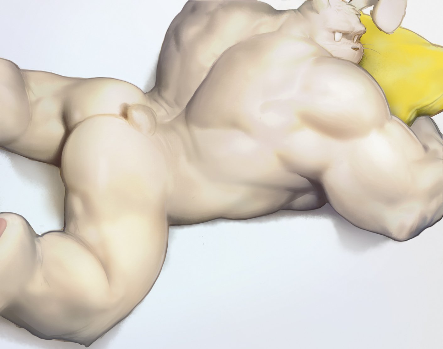anthro back_muscles biceps butt digital_media_(artwork) fur hi_res huge_muscles lagomorph looking_back lying male mammal muscular muscular_male nude on_front pecs pillow quads rabbit shaded simple_background sleez solo triceps uleez white_eyes white_fur