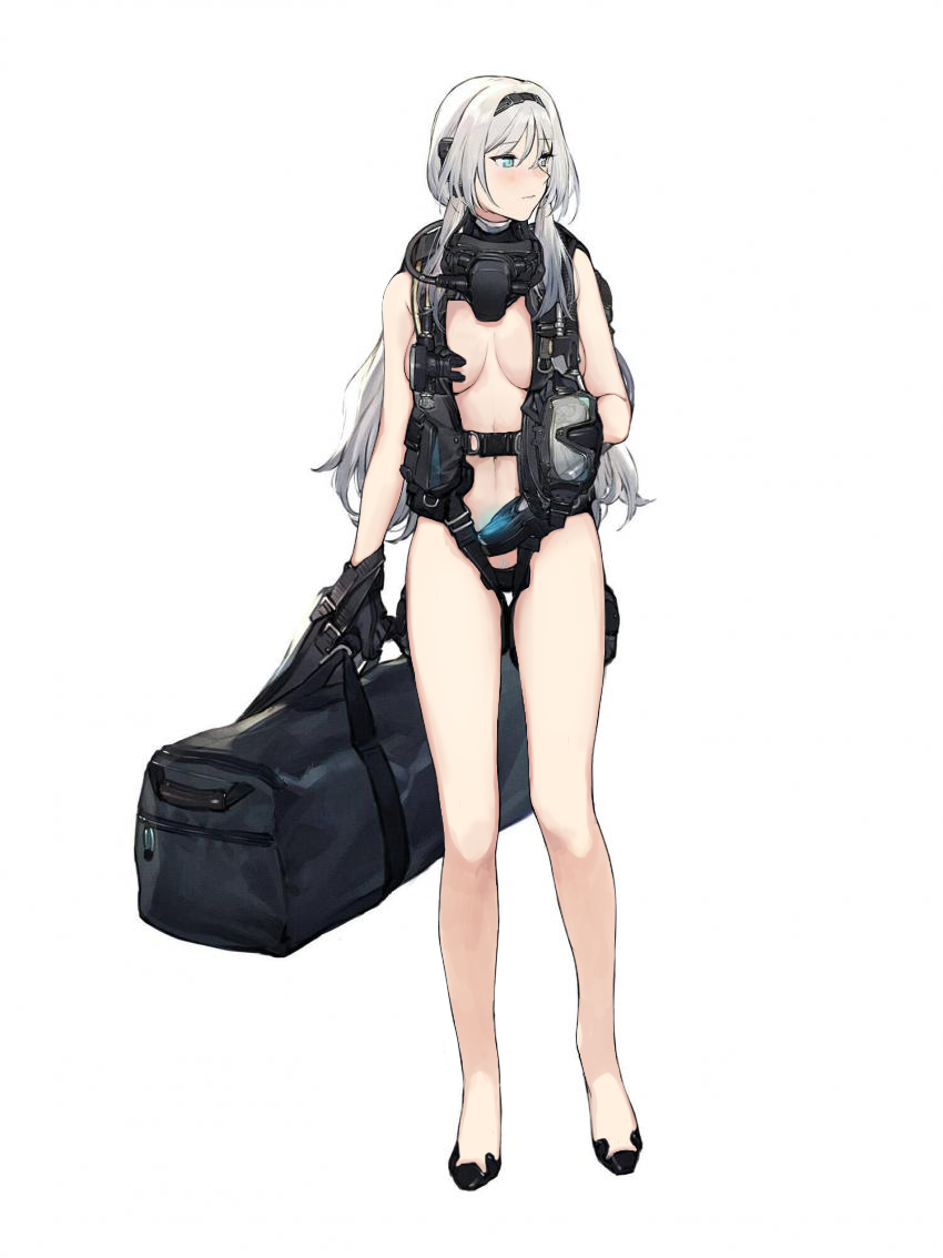 an-94 an-94_(girls_frontline) assault_rifle bad_id bad_pixiv_id bag bare_shoulders blue_eyes blush breasts derivative_work duffel_bag girls_frontline gloves goggles goggles_removed gun hairband happening18 long_hair pubic_hair rifle scuba_gear silver_hair solo weapon