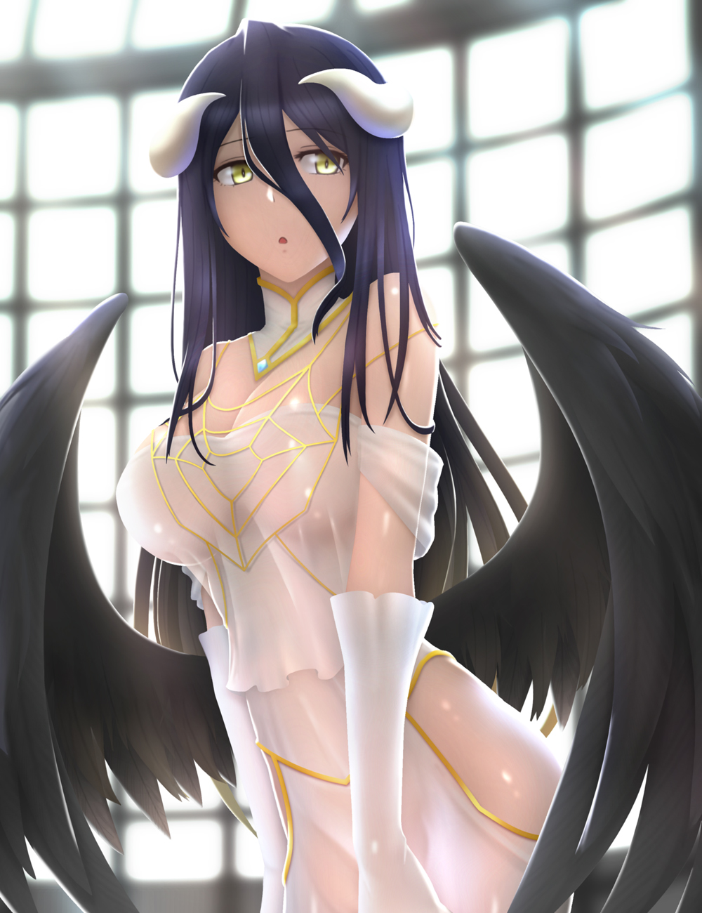 albedo bangs bare_shoulders black_hair black_wings blurry blurry_background breasts commentary curled_horns depth_of_field dress elbow_gloves eyebrows_visible_through_hair feathered_wings gloves hair_between_eyes highres horns indoors large_breasts long_hair looking_at_viewer overlord_(maruyama) parted_lips purple_hair see-through siraha solo very_long_hair white_dress white_gloves window wings yellow_eyes
