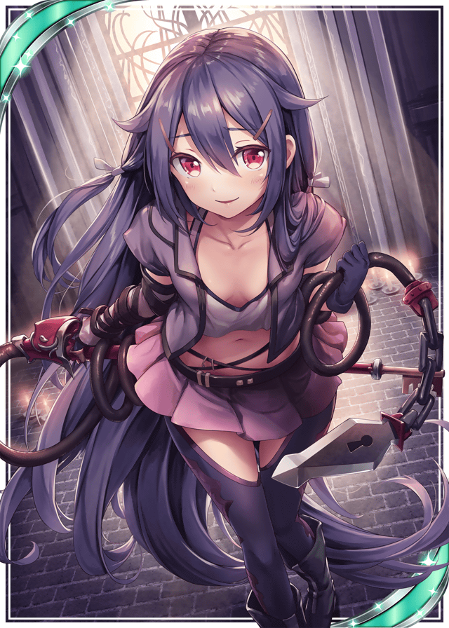 akkijin boots breasts card_(medium) chain cleavage frilled_skirt frills holding holding_weapon indoors key lock long_hair looking_at_viewer miniskirt official_art purple_hair red_eyes shinkai_no_valkyrie skirt small_breasts sunlight thighhighs very_long_hair weapon whip window