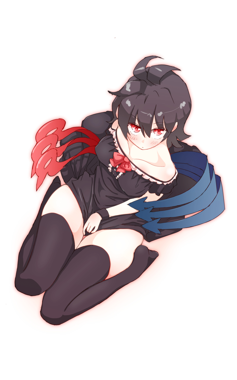asymmetrical_wings bare_shoulders between_legs black_dress black_hair black_legwear blush breasts collarbone dress dress_tug eyebrows_visible_through_hair from_above full_body hand_between_legs highres houjuu_nue looking_at_viewer looking_up medium_breasts no_shoes non_(z-art) off_shoulder red_eyes ribbon short_hair simple_background sitting skindentation solo thick_thighs thighhighs thighs touhou wariza white_background wings