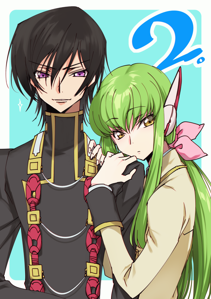 1girl ashford_academy_uniform bangs black_hair black_jacket blue_background bow c.c. closed_mouth code_geass couple creayus eyebrows_visible_through_hair fingernails green_hair hair_between_eyes hair_bow hands_on_another's_shoulder hetero jacket lelouch_lamperouge long_hair long_sleeves looking_at_viewer m parted_lips pink_bow purple_eyes school_uniform simple_background smile standing yellow_eyes