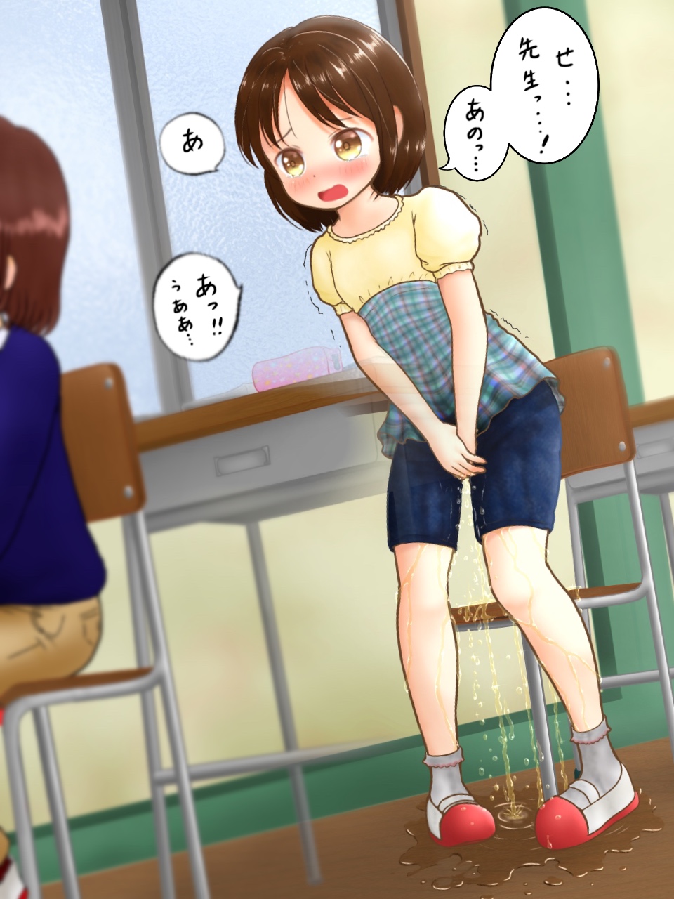 2girls aruta_(omoalta) blue_shirt blue_shorts blush brown_hair brown_pants chair classroom desk embarrassed eyebrows_visible_through_hair female flat_chest full_body hands_together have_to_pee highres indoors japanese_text long_sleeves multicolored_shirt multiple_girls nose_blush open_mouth original pants peeing peeing_self pigeon-toed plaid plaid_shirt puddle red_footwear school_desk shiny shiny_hair shirt shoes short_hair short_sleeves shorts sitting socks solo_focus speech_bubble standing talking tears text_focus translation_request trembling v_arms wet wet_clothes white_legwear window x-ray yellow_eyes