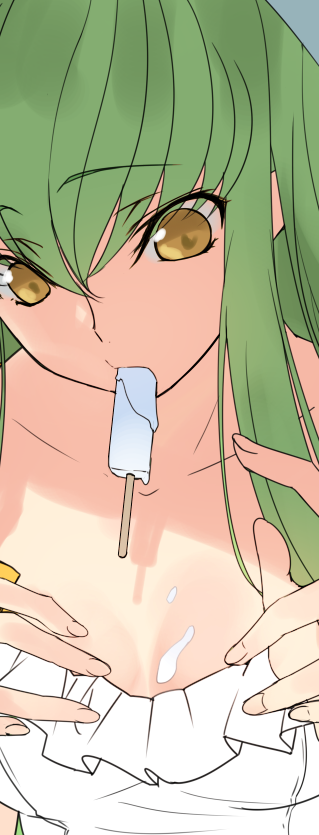 c.c. carrying code_geass creayus dress eyebrows_visible_through_hair fingernails food food_on_breasts green_hair hair_between_eyes long_hair m mouth_hold popsicle upper_body white_dress yellow_eyes