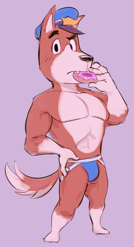 animal_crossing anthro barefoot biceps black_eyes blush bulge butt canine clothed clothing copper_(animal_crossing) dog doughnut duckdevil eating fangs food fur jockstrap looking_at_viewer male mammal manly mostly_nude muscular nintendo pecs police sharp_teeth solo standing teeth underwear video_games