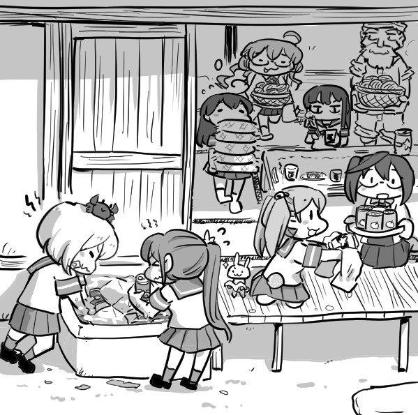 6+girls akebono_(kantai_collection) basket box bunny can chibi cooler crab_on_head glasses greyscale hatsuyuki_(kantai_collection) hose kantai_collection long_hair makigumo_(kantai_collection) monochrome multiple_girls nobuyoshi-zamurai oboro_(kantai_collection) okinami_(kantai_collection) old_man pillow pleated_skirt sazanami_(kantai_collection) school_uniform serafuku short_hair sitting skirt soda_can soumen tray ushio_(kantai_collection) water