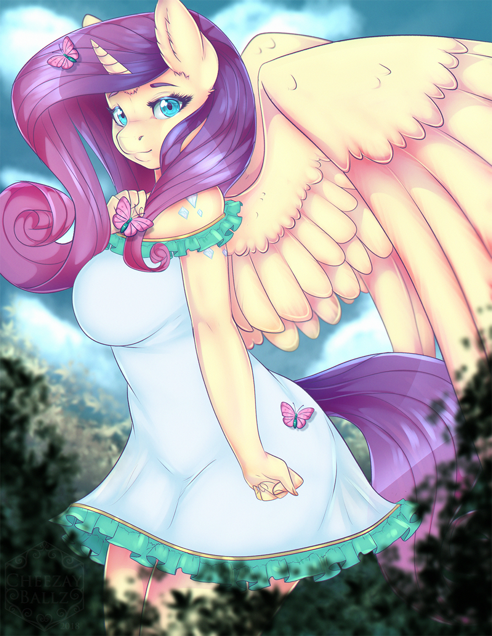 2018 anthro blue_eyes breasts cheezayballz clothing digital_media_(artwork) dress equine feathered_wings feathers female fluttershy_(mlp) friendship_is_magic fusion hair hi_res horn long_hair looking_at_viewer mammal my_little_pony rarity_(mlp) solo winged_unicorn wings