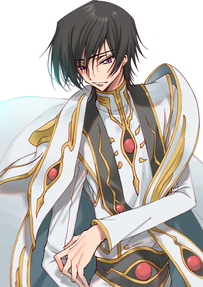 black_hair cape code_geass creayus eyebrows_visible_through_hair lelouch_lamperouge long_sleeves looking_at_viewer m male_focus purple_eyes robe simple_background solo upper_body white_background white_cape